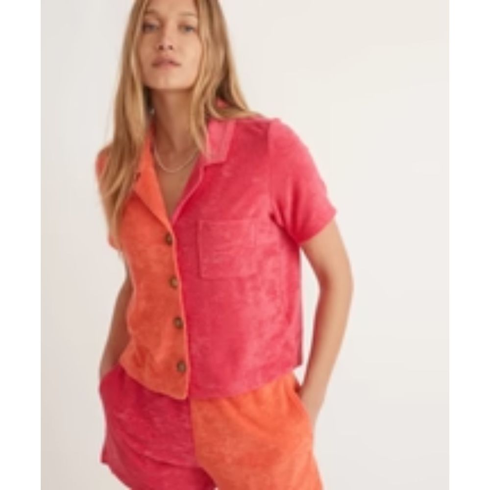 Marine Layer Terry Out Resort Shirt, Hot Coral Colorblock, Size S